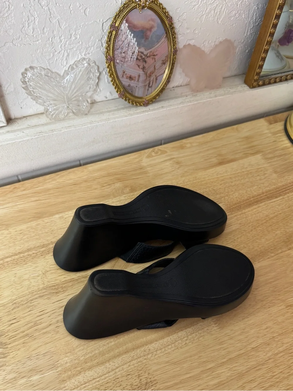 Nine West Black Leather Platform Wedge Slide Sandals Size 7.5 Y2K Minimalist